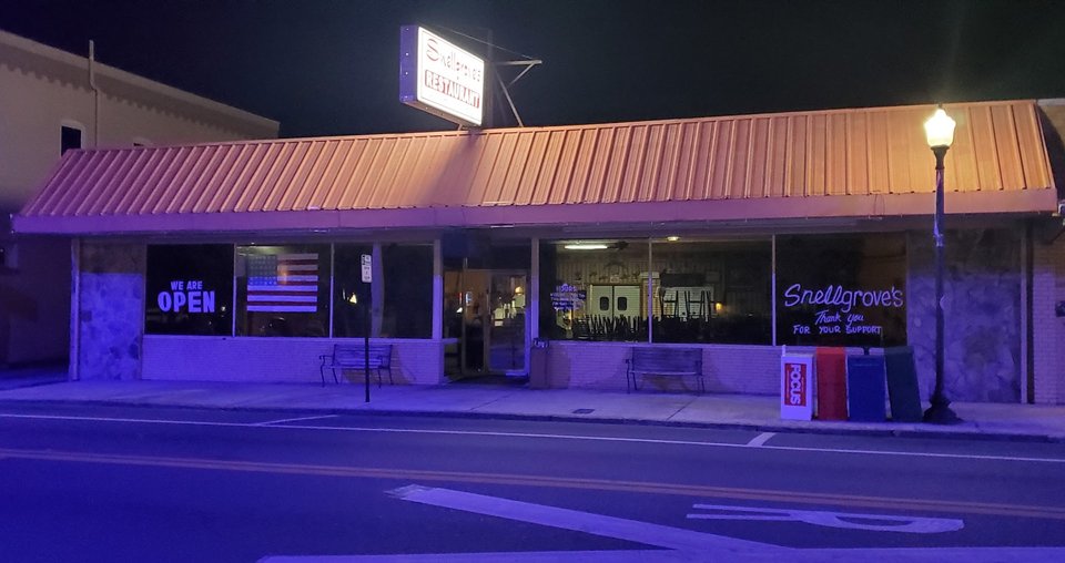Front view of a small-town American restaurant.